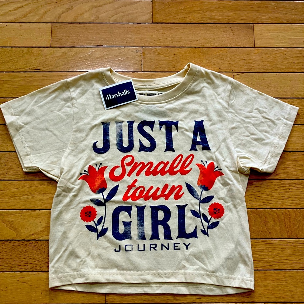 Marshalls Cream Cropped T-Shirt with Red and Blue Print